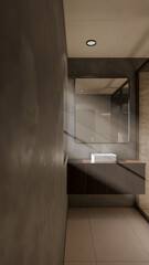 Minimalist bathroom interior 3D render featuring modern vanity, wall mirror, rainfall shower, and soft natural lighting through window. Concrete and wood textures enhance warmth and elegance.