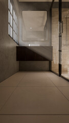 Minimalist bathroom interior 3D render featuring modern vanity, wall mirror, rainfall shower, and soft natural lighting through window. Concrete and wood textures enhance warmth and elegance.