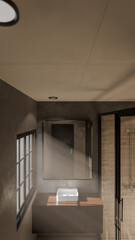 Minimalist bathroom interior 3D render featuring modern vanity, wall mirror, rainfall shower, and soft natural lighting through window. Concrete and wood textures enhance warmth and elegance.