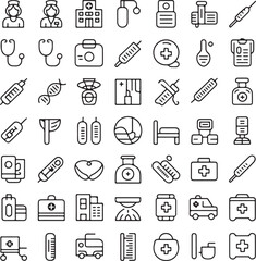 Comprehensive medical icon set featuring essential healthcare symbols and elements