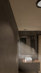 Minimalist bathroom interior 3D render featuring modern vanity, wall mirror, rainfall shower, and soft natural lighting through window. Concrete and wood textures enhance warmth and elegance.