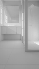 Minimalist bathroom interior 3D render featuring modern vanity, wall mirror, rainfall shower, and soft natural lighting through window. Concrete and wood textures enhance warmth and elegance.