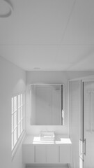 Minimalist bathroom interior 3D render featuring modern vanity, wall mirror, rainfall shower, and soft natural lighting through window. Concrete and wood textures enhance warmth and elegance.