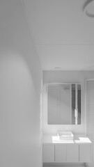 Minimalist bathroom interior 3D render featuring modern vanity, wall mirror, rainfall shower, and soft natural lighting through window. Concrete and wood textures enhance warmth and elegance.