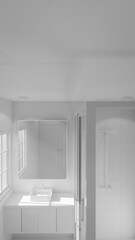 Minimalist bathroom interior 3D render featuring modern vanity, wall mirror, rainfall shower, and soft natural lighting through window. Concrete and wood textures enhance warmth and elegance.