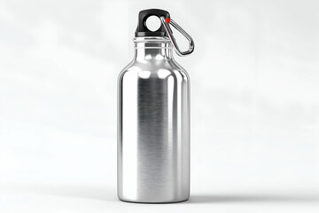 Metallic Water Bottle Isolated on White Background with Carabiner Clip. Mock up promotion information for marketing announcements and details, blank white space