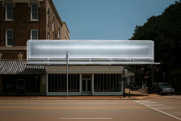 Empty Billboard Display on Building in Small Town Street Setting. Mock up promotion information for marketing announcements and details, blank white space