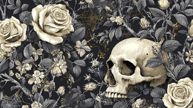 Intricate vintage-style illustration of a human skull surrounded by pale roses and detailed floral elements on a dark gothic background