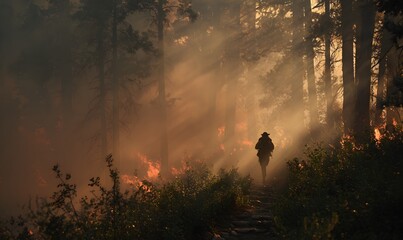 Person running from wildfire scene, thick smoke fire in forest