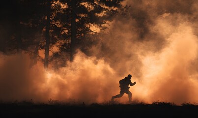 Person running from wildfire scene, thick smoke fire in forest