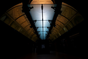 Arched Ceiling Interior with Unique Lighting and Shadow Patterns for Background. Mock up promotion information for marketing announcements and details, blank white space