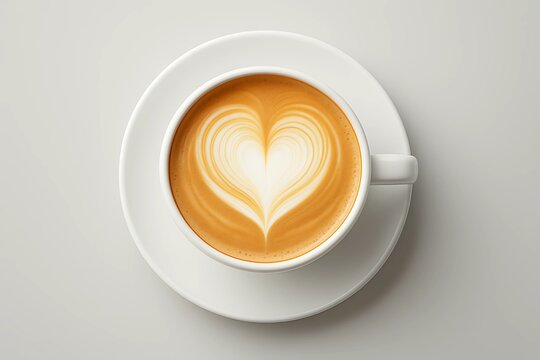 Top down view of heart latte art in white ceramic cup and saucer on light background with soft tones