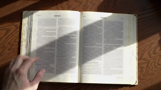 Open, aged book on a wooden surface, hand on the left page, sunlight present