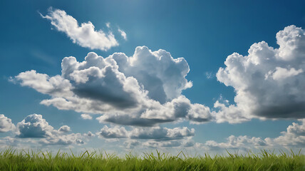 Peaceful nature background showing a bright blue sky with scattered white clouds above a field of green grass. Clean, minimal, with soft sunlight and gentle shadows. No people, no objects. 
