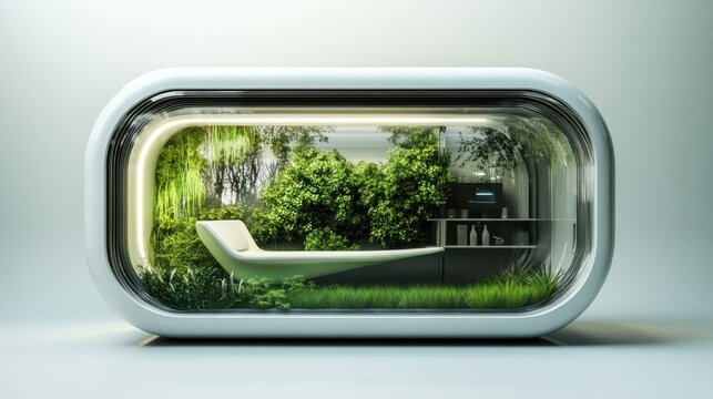 Biophilic capsule habitat featuring lush greenery and serene relaxation zone