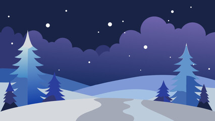 Serene Winter Night Landscape Snowy Hills, Starry Sky, and Pine Trees