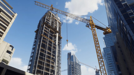 Progress of a modern urban construction project. Tower cranes building new city skyscrapers against blue sky.