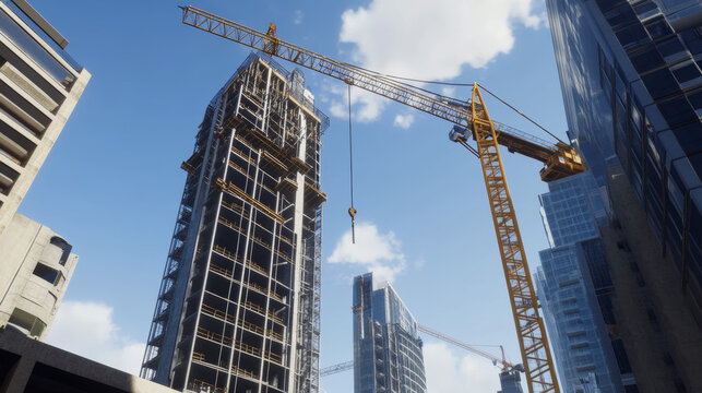 Progress of a modern urban construction project. Tower cranes building new city skyscrapers against blue sky.