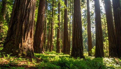 Naklejka premium Sunlight filters through redwood forest