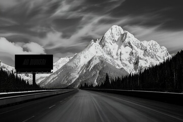 Driving Towards Majestic Mountain Road Black and White Scenic Landscape. Mock up promotion information for marketing announcements and details, blank white space