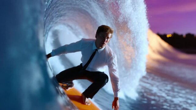 Business Surfer: A daring professional, dressed in a business suit, expertly surfs a towering wave, epitomizing courage and the pursuit of innovation.