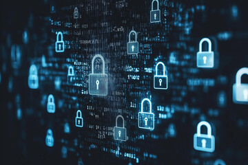 Blue Glowing Padlocks Scattered Over Binary Code Background Representing Cybersecurity