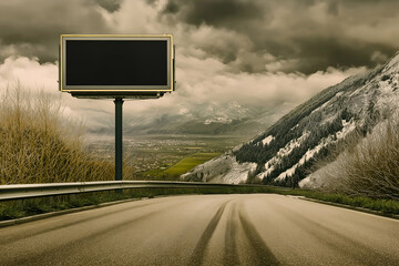 Billboard Along Mountain Road with Cloudy Sky and Distant Valley View. Mock up promotion information for marketing announcements and details, blank white space
