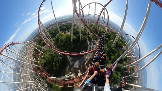 Riding High on Rollercoaster with Thrilling Drop and Loops POV