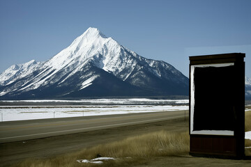 Snowy Mountain Landscape with Roadside Structure on a Sunny Day. Mock up promotion information for marketing announcements and details, blank white space
