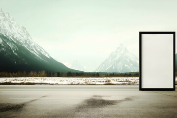 Billboard near Road with Mountains in the Background on Cloudy Day. Mock up promotion information for marketing announcements and details, blank white space