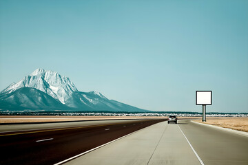 Driving on Highway Towards Snowy Mountain Under Bright Blue Sky. Mock up promotion information for marketing announcements and details, blank white space