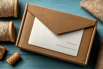 Packaging Box with Envelope on Wooden Table, String and Cork. Mock up promotion information for marketing announcements and details, blank white space