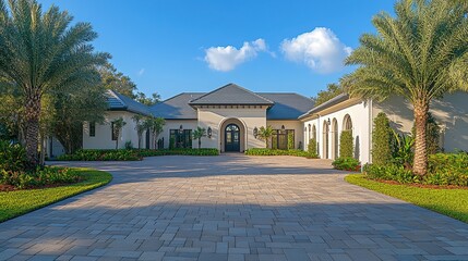 Obraz premium Spacious Luxury Home Entrance with Azure Sky and Serene Outdoor Setting, Clean Lines and Natural Lighting, f/4.0 Aperture