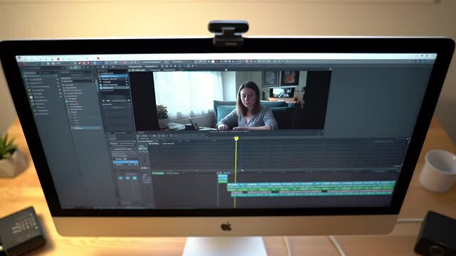 Editing suite Desktop monitor displaying timeline and preview of woman