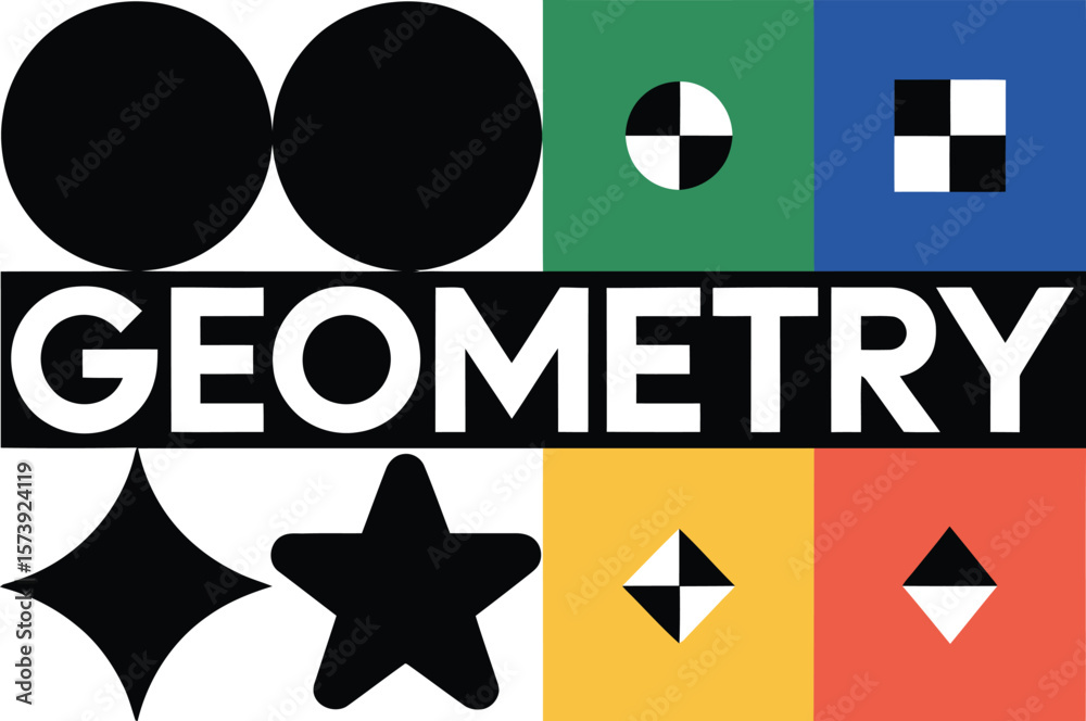 Fototapete Geometry text with geometric shapes including circles star squares and diamond on a white background
