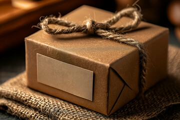 Craft Gift Box Wrapped with Twine on Rustic Burlap Fabric. Mock up promotion information for marketing announcements and details, blank white space