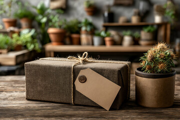 Wrapped gift with tag on wooden table near small plant. Mock up promotion information for marketing announcements and details, blank white space