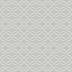 A seamless geometric pattern features a series of interconnected circles creating a floral motif. The design is composed of thin white lines on a light gray background, providing a clean and modern lo
