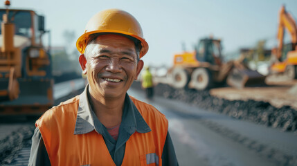 Smiling asian male construction worker in orange vest and hard hat at roadwork site
