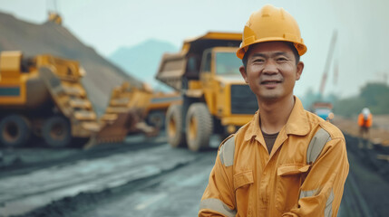 Asian male worker in construction site with heavy machinery in background
