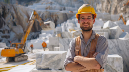 Caucasian young male construction worker in quarry with heavy machinery and marble blocks