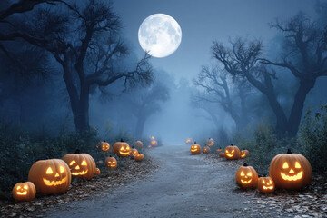 Glowing jack o lantern spooky Halloween night full moon eerie forest autumn leaves misty path carved pumpkin mysterious atmosphere