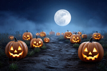 Glowing jack o lanterns line spooky path under full moon, creating mysterious Halloween night atmosphere in rural field