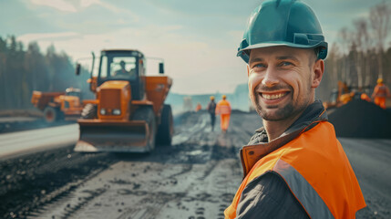 Smiling caucasian male worker on a road construction site with equipment and crew
