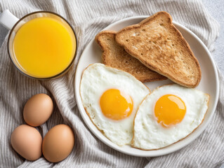 Fried egg, toast, orange juice, and eggs on plate, breakfast setting, bright morning, cozy and inviting atmosphere