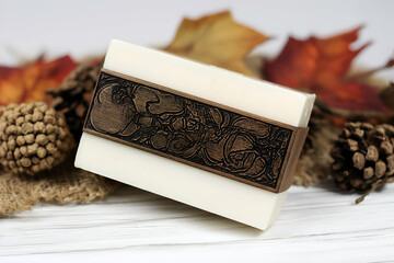 Artisan Soap Bar with Decorative Band Resting on Rustic Wood. Mock up promotion information for marketing announcements and details, blank white space