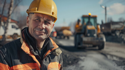 Caucasian mature male construction worker on busy worksite with heavy machinery