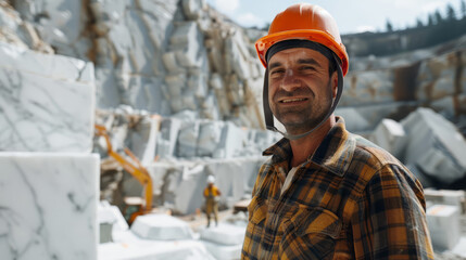 Smiling caucasian male worker in hard hat at marble quarry site