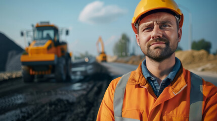 Caucasian male construction worker in orange vest and helmet at roadwork site