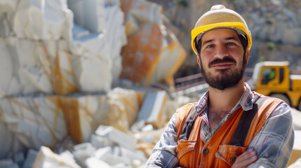 Male construction worker in quarry with hard hat and safety vest
